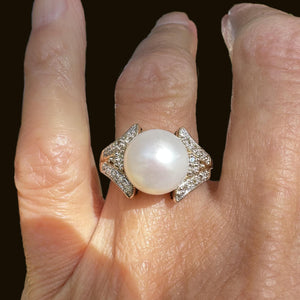 Vintage Large Pearl Diamond Cluster Cocktail Ring in Gold - Boylerpf