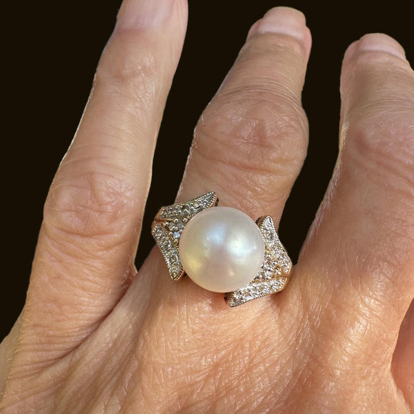 Vintage Large Pearl Diamond Cluster Cocktail Ring in Gold - Boylerpf