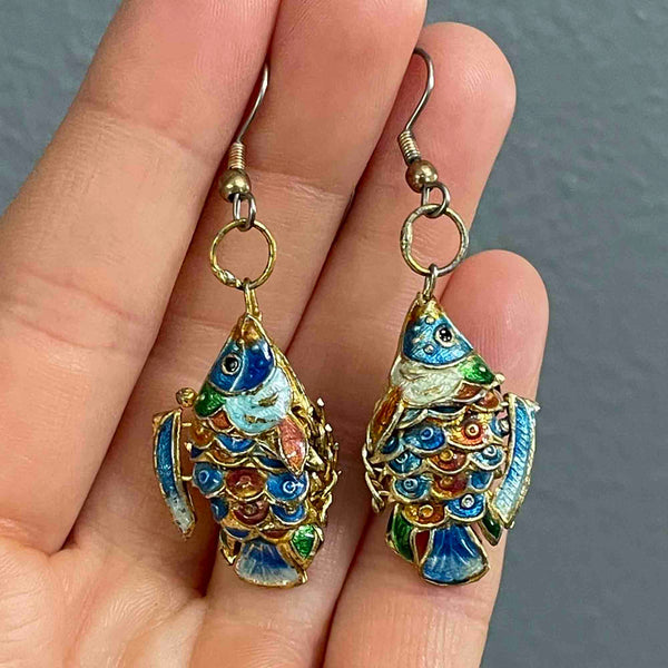 Vintage Gold Vermeil Blue Enamel Articulated Koi Fish Earrings - Boylerpf