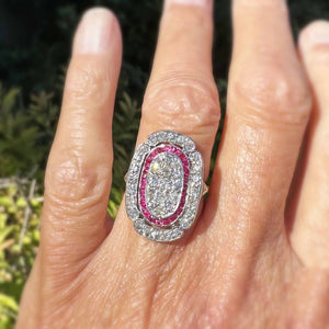 Antique Art Deco Platinum Ruby Halo Diamond Ring - Boylerpf