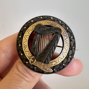 Harp Buckle Shamrock Antique Victorian Irish Bog Oak Brooch - Boylerpf