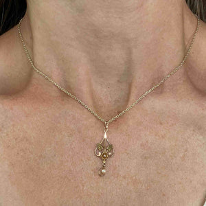 10K Gold Leaf Diamond Pearl Lavalier Pendant Necklace - Boylerpf