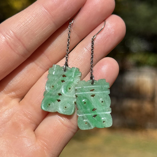 Vintage Carved Jade Zodiac Silver Chain Drop Earrings - Boylerpf