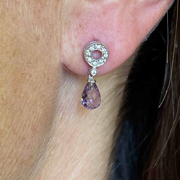 Vintage 14K White Gold Diamond Briolette Amethyst Earrings - Boylerpf