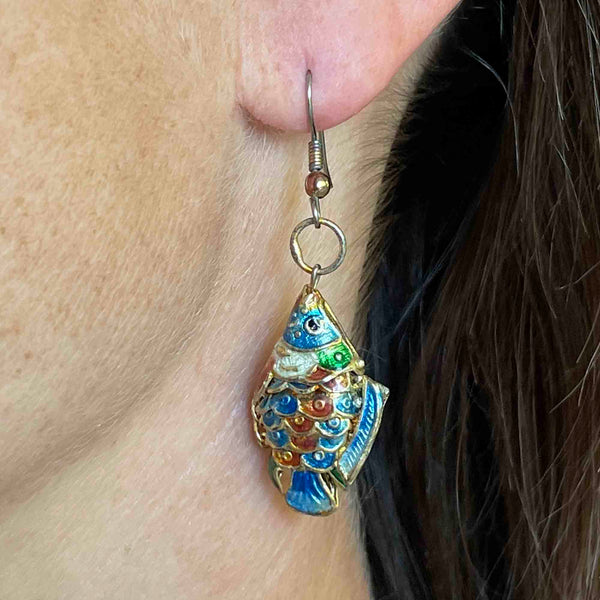 Vintage Gold Vermeil Blue Enamel Articulated Koi Fish Earrings - Boylerpf