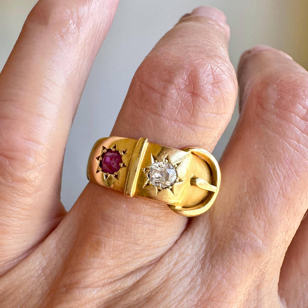 Antique Victorian 18K Gold Ruby Diamond Buckle Ring - Boylerpf