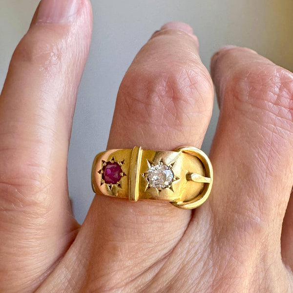 Antique Victorian 18K Gold Ruby Diamond Buckle Ring - Boylerpf