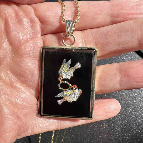 Antique Lovebird Micro Mosaic Onyx Pendant in 14K Gold - Boylerpf