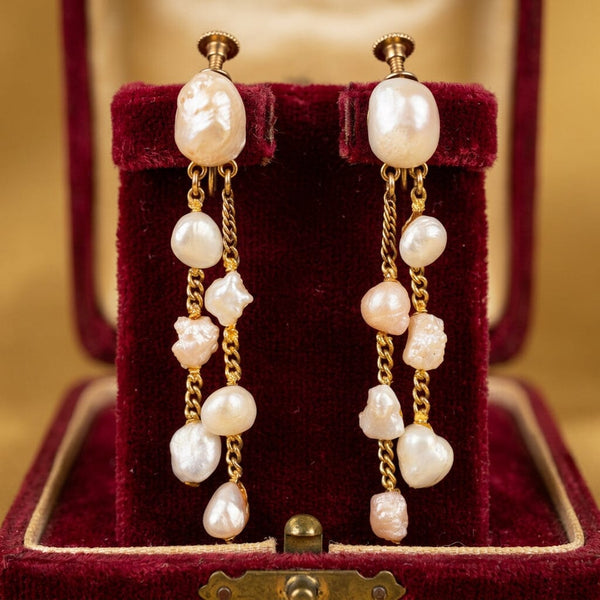 Vintage 14K Gold Natural Pearl Dangle Earrings