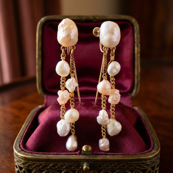 Vintage 14K Gold Natural Pearl Dangle Earrings