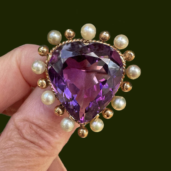 Antique 14K Gold Pearl Amethyst Heart Brooch Pendant - Boylerpf