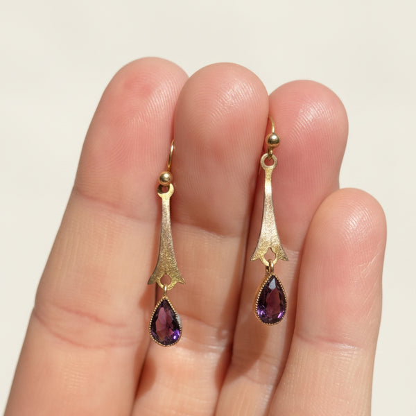 Antique Edwardian Gold Pear Cut Amethyst Drop Earrings