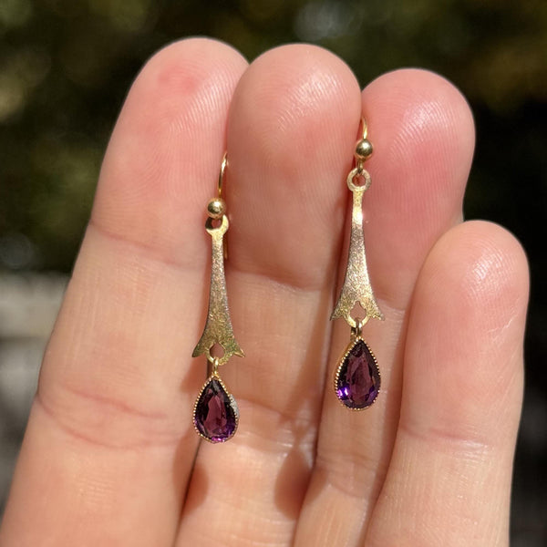 Antique Edwardian Gold Pear Cut Amethyst Drop Earrings - Boylerpf
