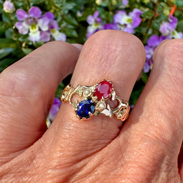 Edwardian Gold Sapphire Ruby Toi Et Moi Ring - Boylerpf