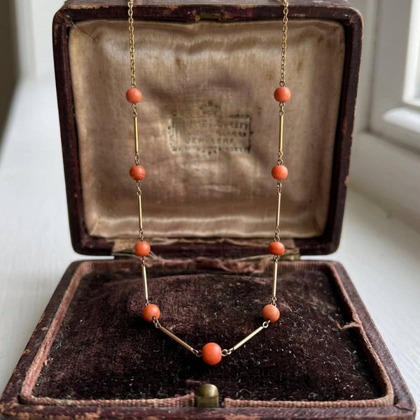 Antique Edwardian 9K Gold Natural Coral Station Necklace
