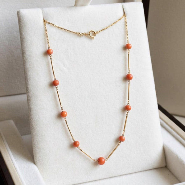 Antique Edwardian 9K Gold Natural Coral Station Necklace