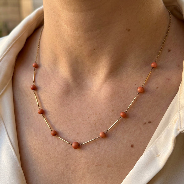 Antique Edwardian 9K Gold Natural Coral Station Necklace