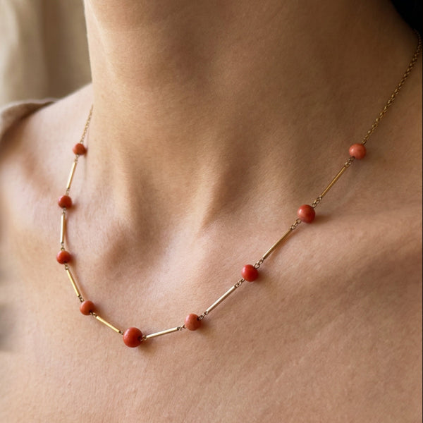 Antique Edwardian 9K Gold Natural Coral Station Necklace