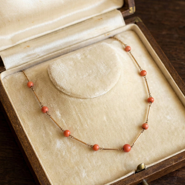 Antique Edwardian 9K Gold Natural Coral Station Necklace