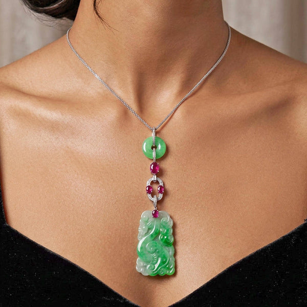 Art Deco Jadeite Jade Ruby Diamond Platinum Pendant Necklace