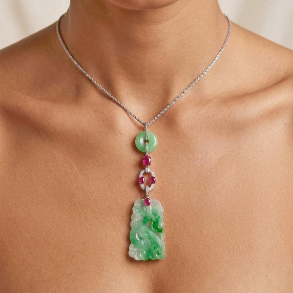 Art Deco Jadeite Jade Ruby Diamond Platinum Pendant Necklace