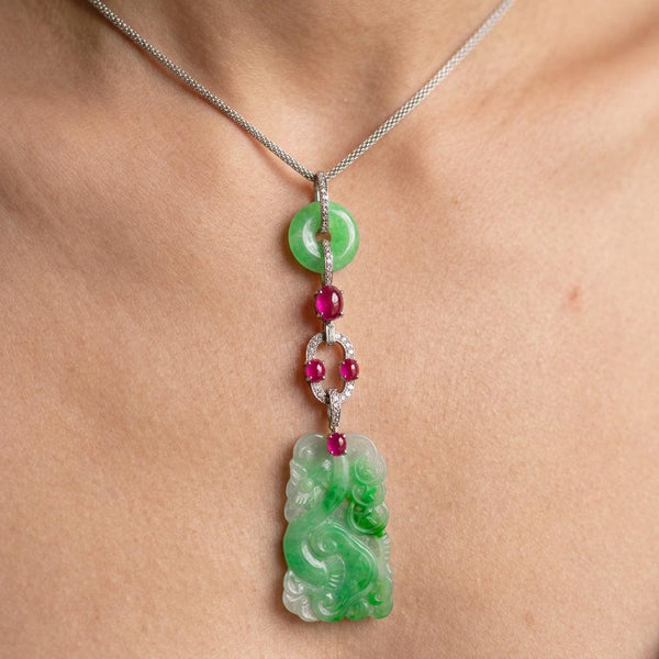 Art Deco Jadeite Jade Ruby Diamond Platinum Pendant Necklace