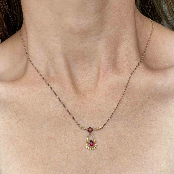 Antique 10K Gold Ruby Lavaliere Pendant Necklace - Boylerpf