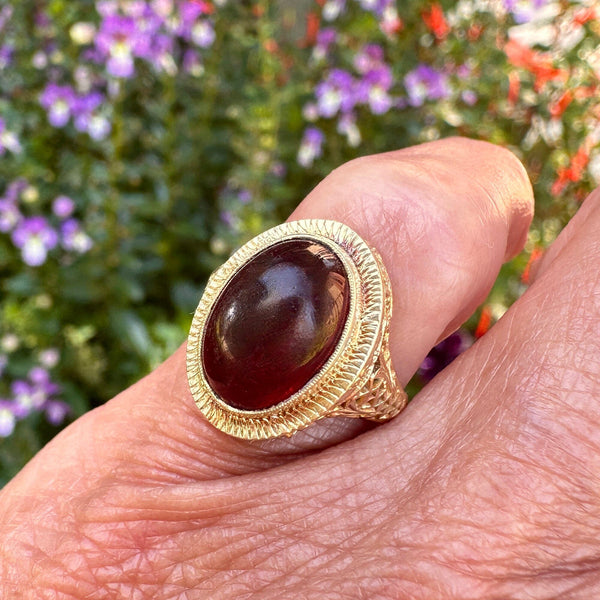 Art Deco 14K Gold Filigree Cabochon Garnet Ring - Boylerpf
