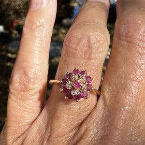 Vintage Diamond Flower Cluster Ruby Ring in 10K Gold - Boylerpf