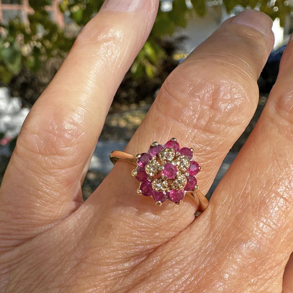 Vintage Diamond Flower Cluster Ruby Ring in 10K Gold - Boylerpf