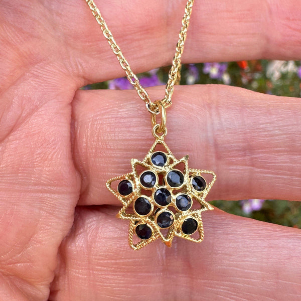 Vintage 18K Gold Filigree Sapphire Star Pendant - Boylerpf