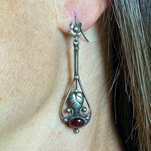 Vintage Arts and Crafts Silver Garnet Cabochon Earrings - Boylerpf