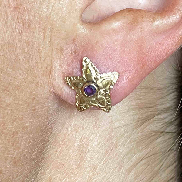 Vintage 14K Gold Star Amethyst Stud Earrings - Boylerpf