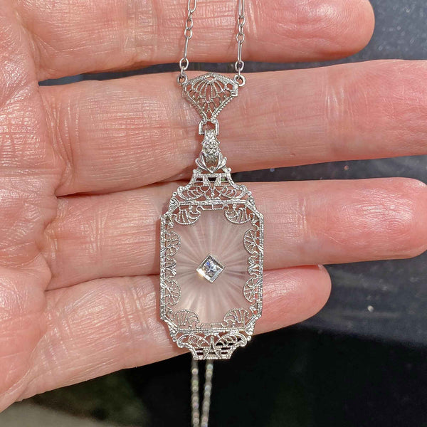 Art Deco Diamond Rock Crystal Necklace in Platinum - Boylerpf