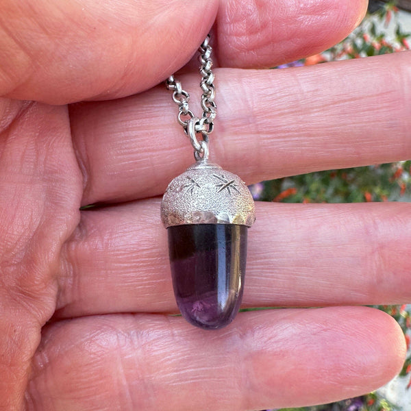 Arts & Crafts Silver Star Engraved Amethyst Acorn Pendant - Boylerpf