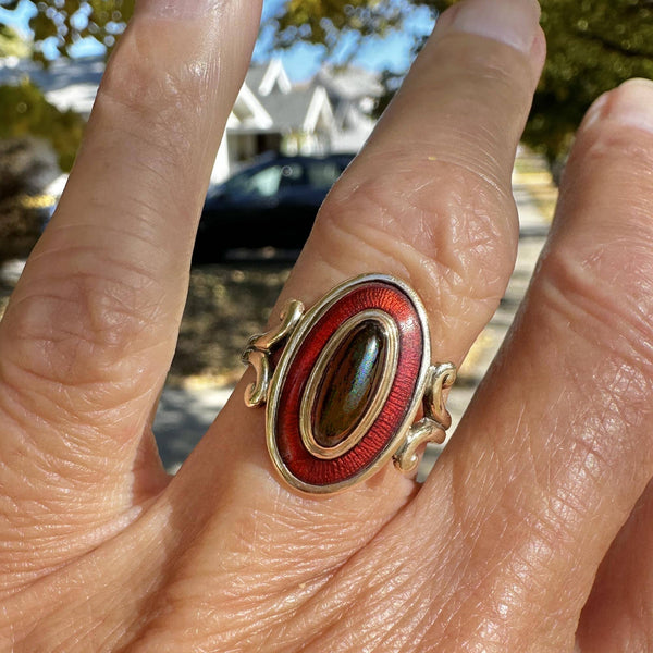 Art Deco Guilloche Enamel Garnet Cabochon Ring in 14K Gold - Boylerpf