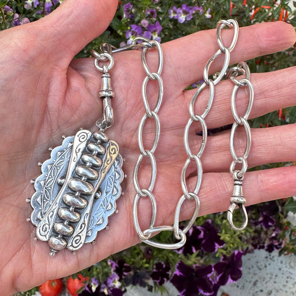 Antique Victorian Sterling Silver Large Embossed Pendant - Boylerpf
