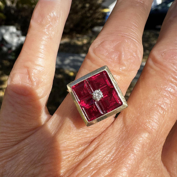 Vintage 14K Gold Diamond Solitaire Emerald Cut Ruby Ring - Boylerpf