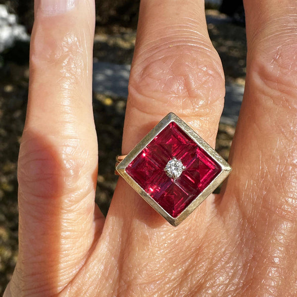 Vintage 14K Gold Diamond Solitaire Emerald Cut Ruby Ring - Boylerpf