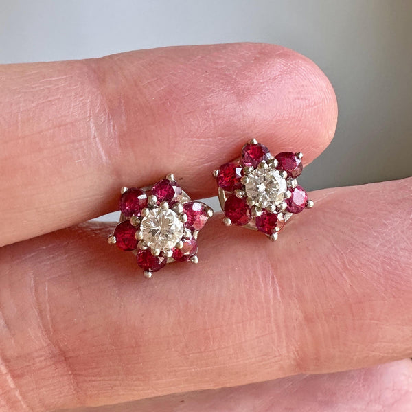 Vintage 14K White Gold Ruby Cluster Diamond Stud Earrings - Boylerpf