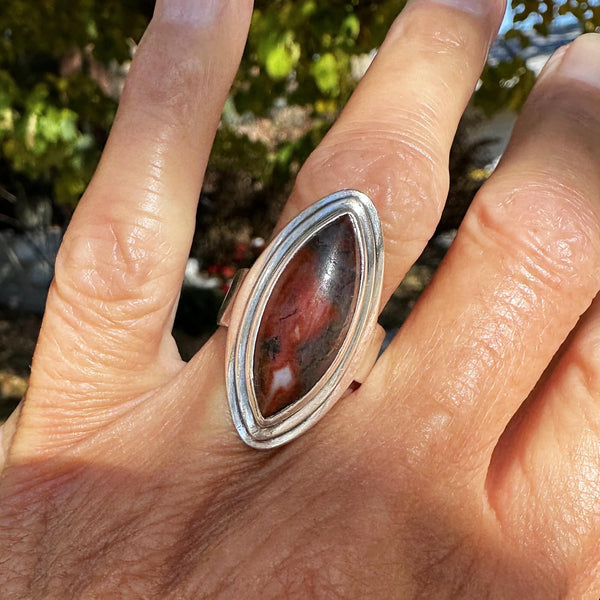 Large Marquise Cabochon Moss Agate Ring in Silver - Boylerpf