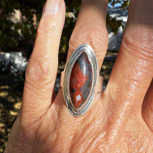 Large Marquise Cabochon Moss Agate Ring in Silver - Boylerpf