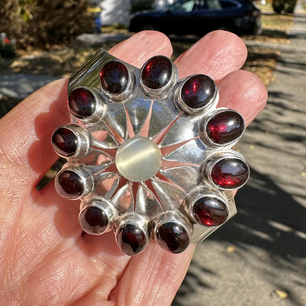 Wide Celestial Starburst Moonstone Garnet Bracelet in Silver - Boylerpf