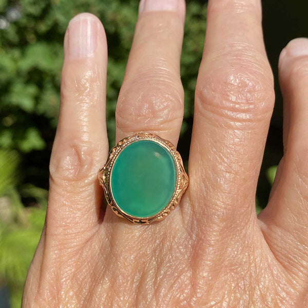 Final Payment Bold 14K Gold Cabochon Green Chrysoprase Ring - Boylerpf