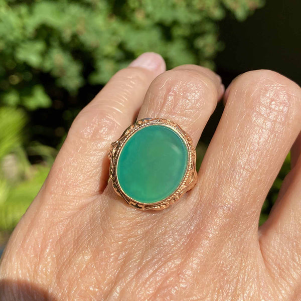 Final Payment Bold 14K Gold Cabochon Green Chrysoprase Ring - Boylerpf