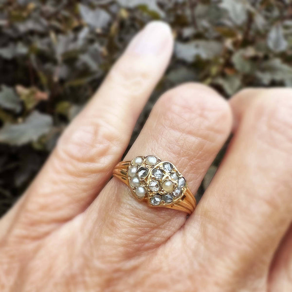 Georgian 15K Gold Rose Cut Diamond Double Heart Ring - Boylerpf