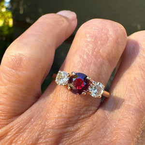 Vintage Three Stone 14K Gold Diamond Garnet Ring - Boylerpf