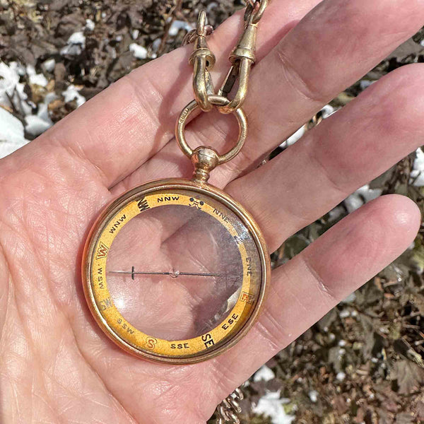 DEPOSIT ON HOLD Large Antique 15K Gold Working Compass Fob Pendant w Case - Boylerpf