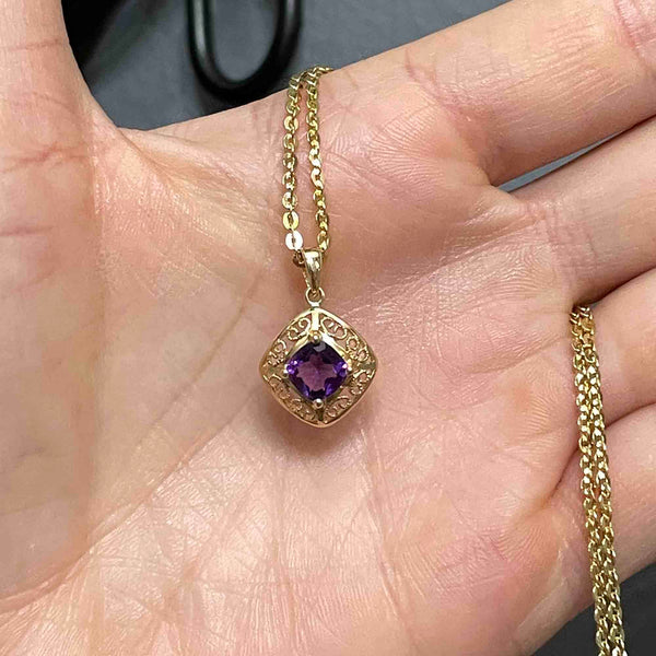 Vintage 14K Gold Filigree Amethyst Pendant Necklace - Boylerpf