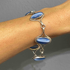 Silver Blue Banded Agate Cabochon Link Bracelet - Boylerpf